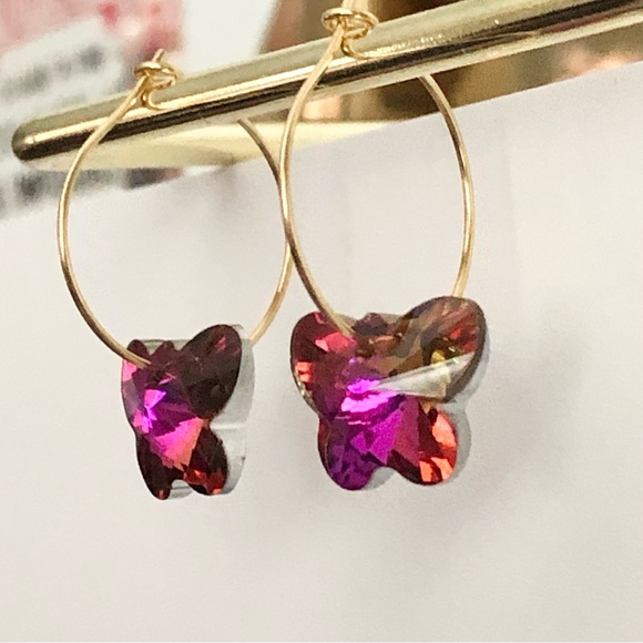 New Handmade Sparkling Dangling Crystal Butterfly Hoop Earrings Magenta Pink - Picture 5 of 7
